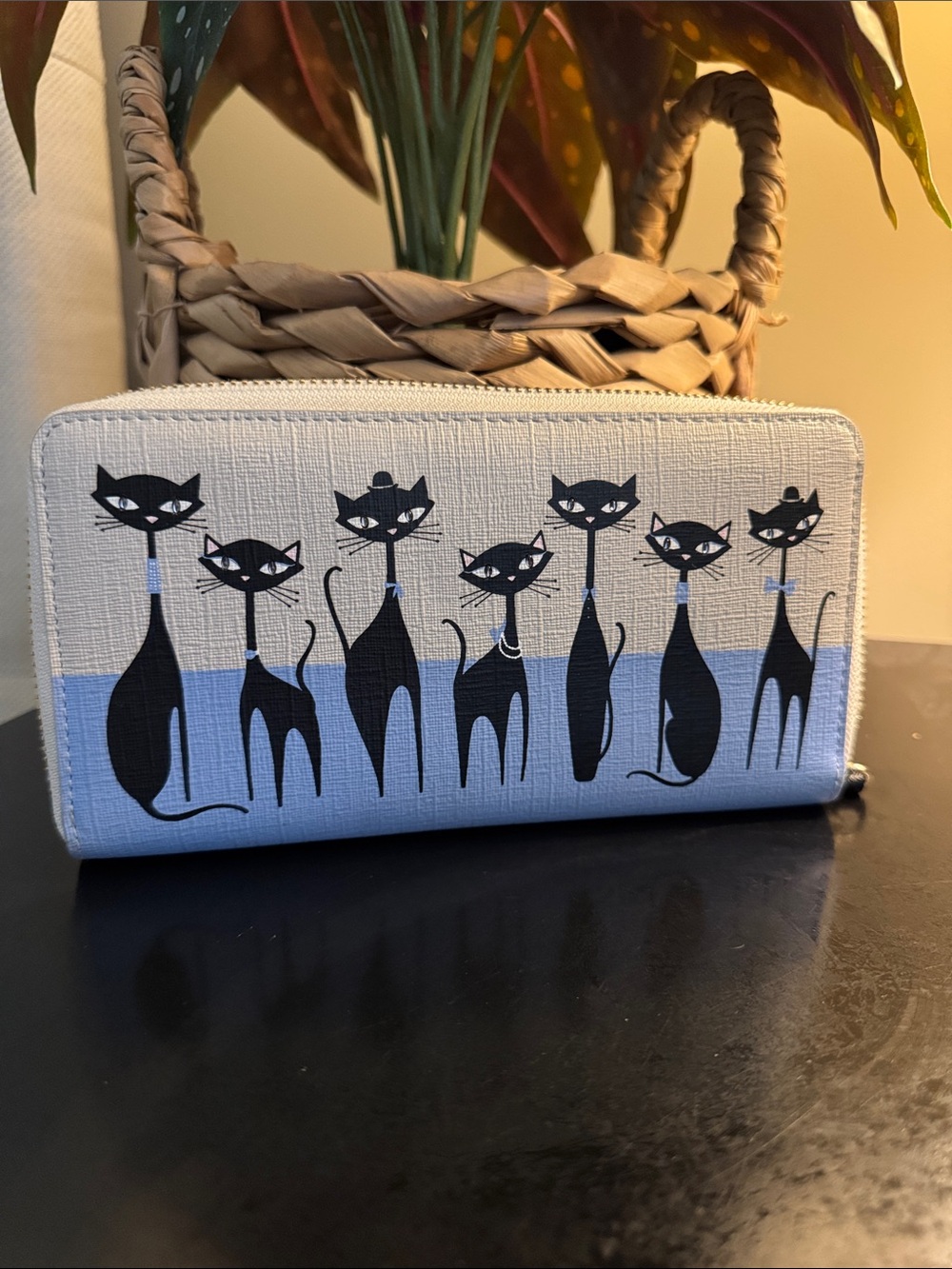 Rare kate spade Cream and Light Blue Cat-Print Zip Wallet